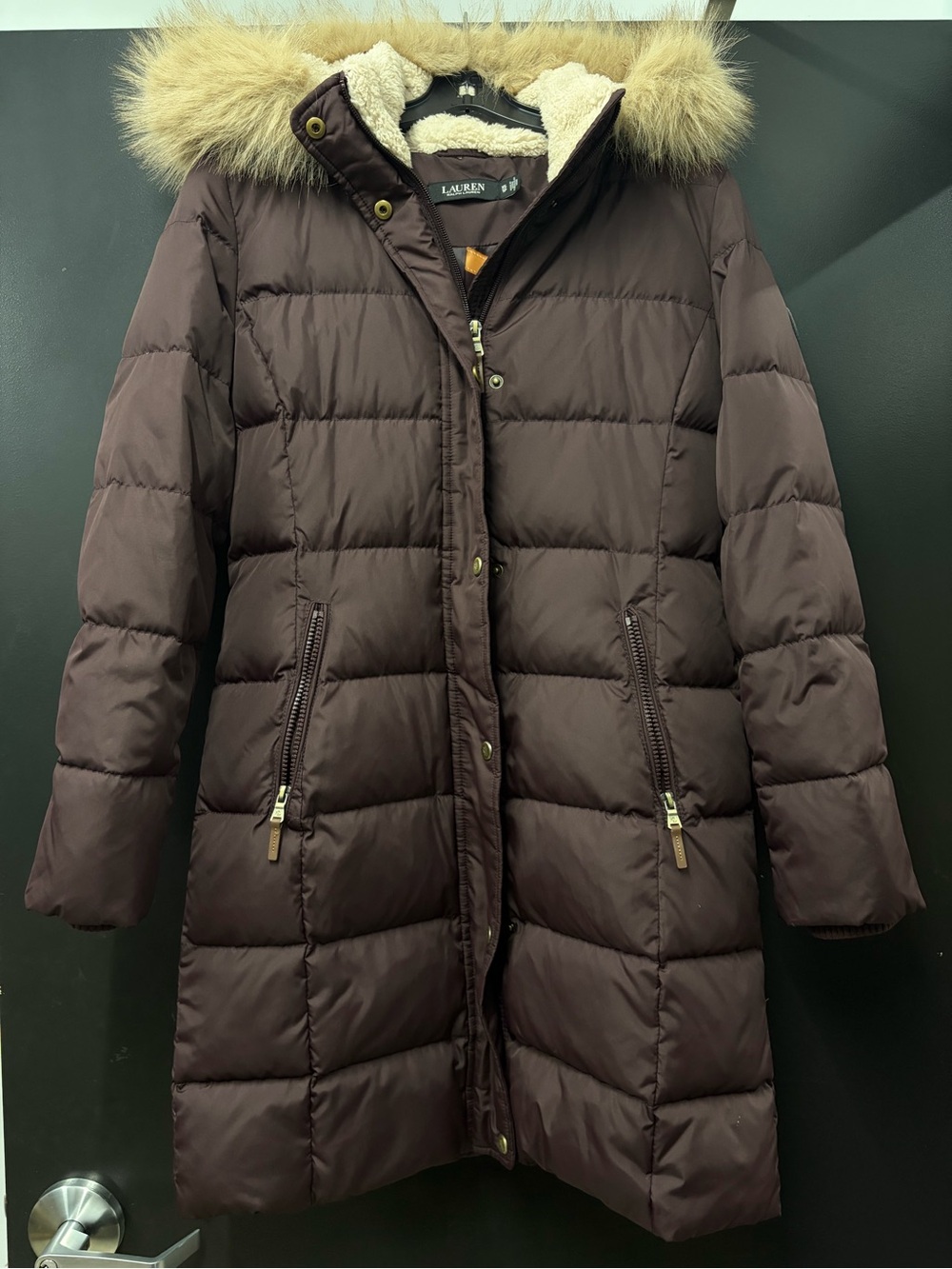 Lauren Ralph Lauren Women's Maroon Puffer Coat with Faux Fur Hood